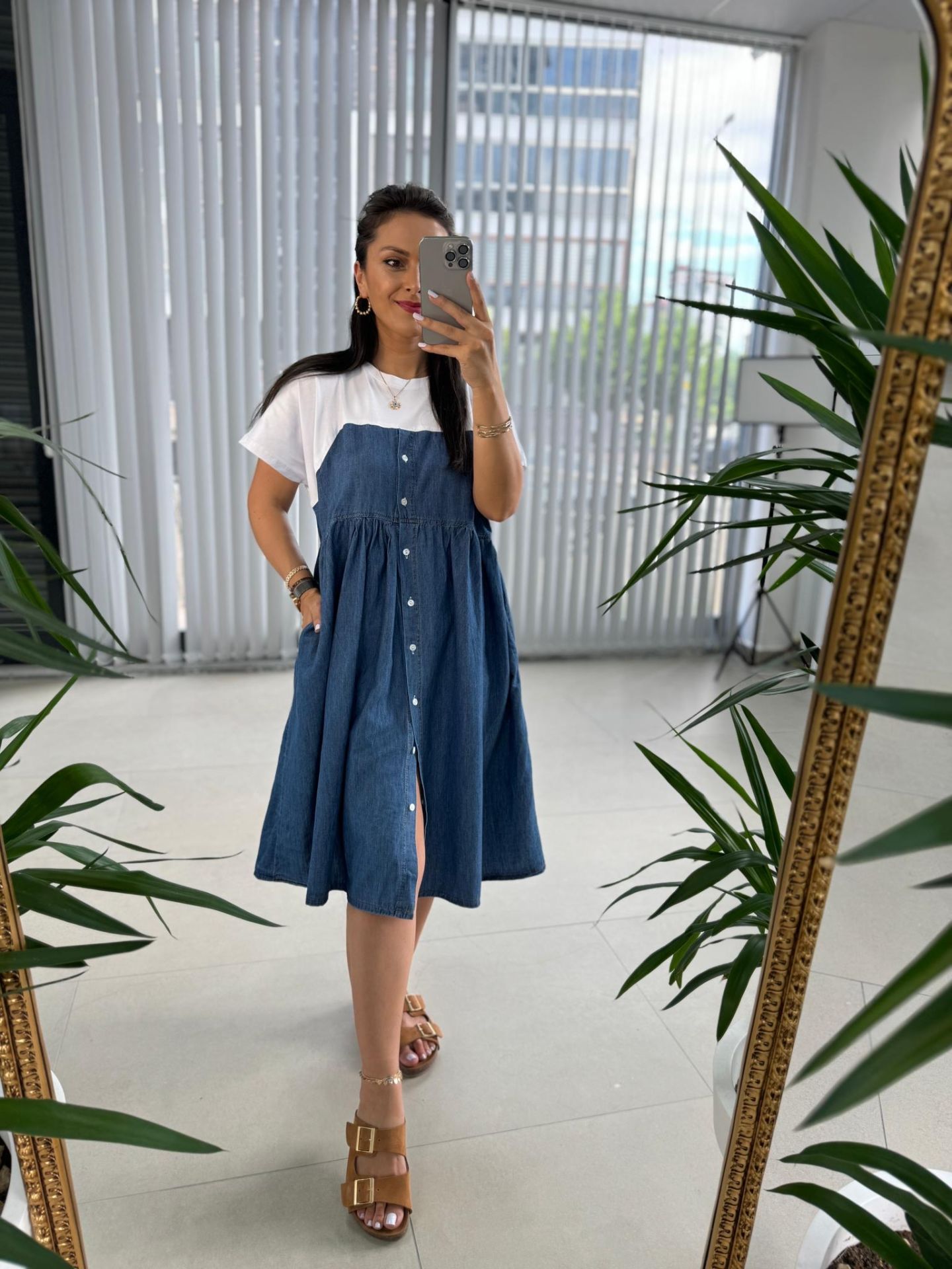 Dr 2659 Tasarım Beyaz Kısa Kol Düğmeli Denim Elbise
