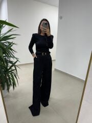 Bb 30568 Sırt Dekolteli Vatkalı Siyah Triko Bluz