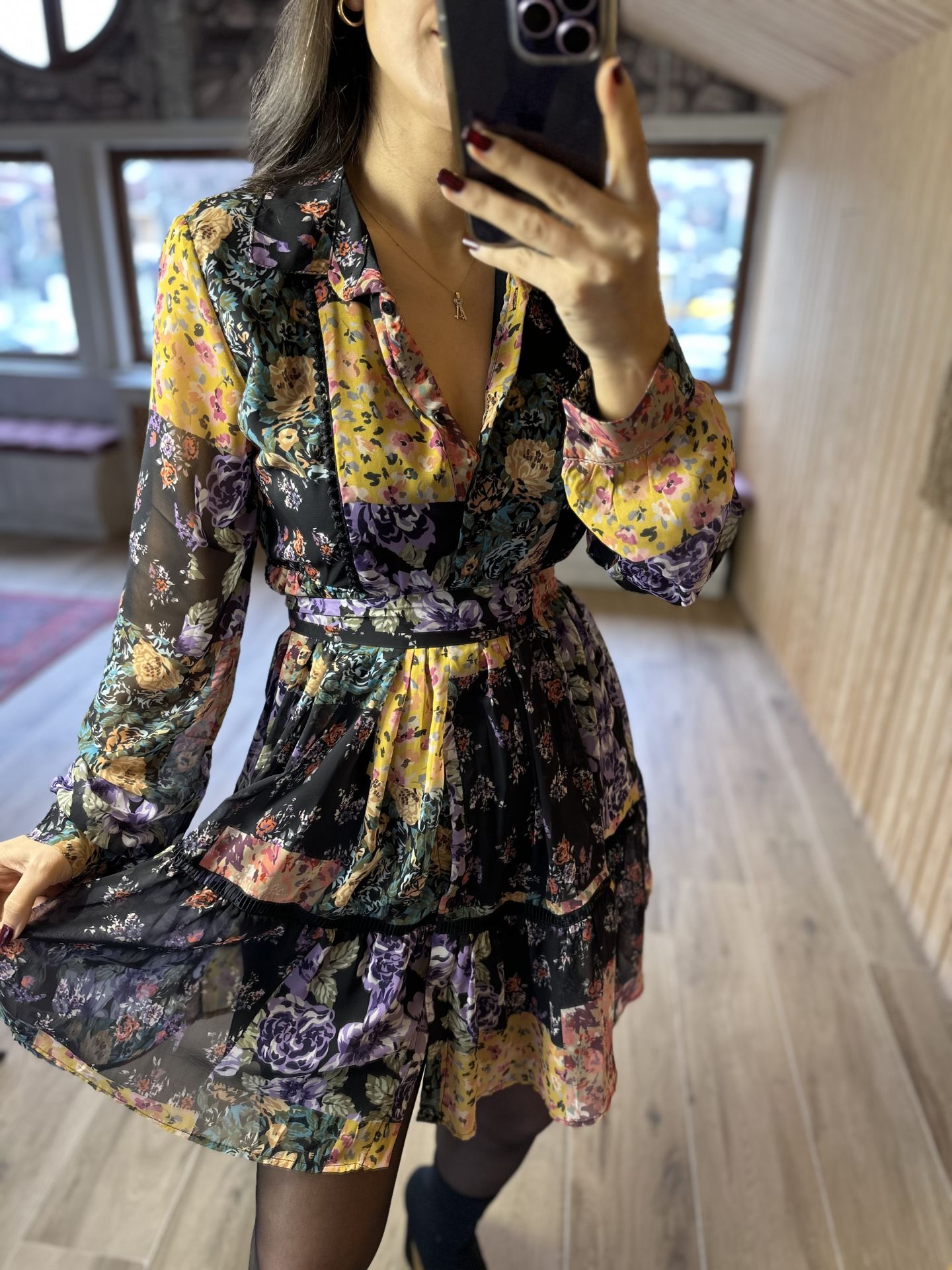 Patchwork şifon gömlek elbise