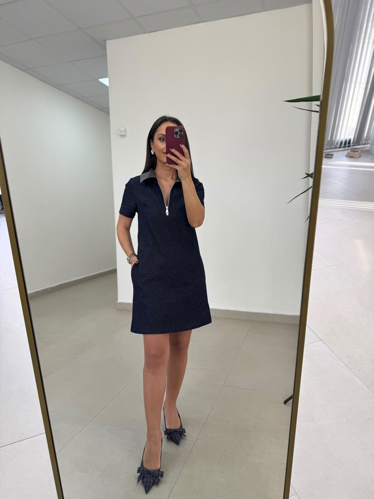 Ms 45 Metalik Silver Yaka Detaylı Fermuarlı Denim Elbise