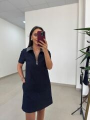 Ms 45 Metalik Silver Yaka Detaylı Fermuarlı Denim Elbise