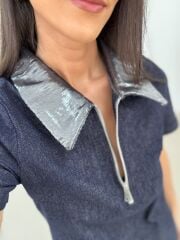 Ms 45 Metalik Silver Yaka Detaylı Fermuarlı Denim Elbise