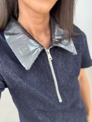 Ms 45 Metalik Silver Yaka Detaylı Fermuarlı Denim Elbise