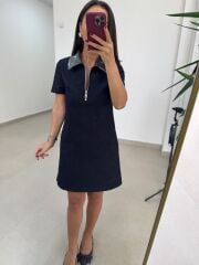 Ms 45 Metalik Silver Yaka Detaylı Fermuarlı Denim Elbise