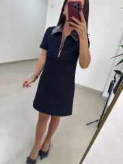 Ms 45 Metalik Silver Yaka Detaylı Fermuarlı Denim Elbise