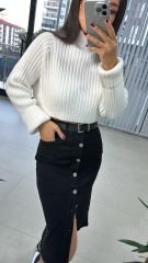 Denim Siyah Düğmeli Etek