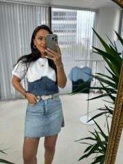 Dr 2671 Tasarım Fermuarlı Beyaz Denim Bluz
