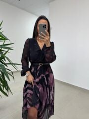 Mc 5090 Siyah Mor Plisoley Kruvaze Elbise