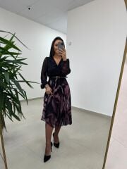 Mc 5090 Siyah Mor Plisoley Kruvaze Elbise