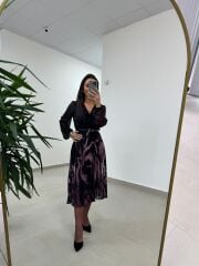 Mc 5090 Siyah Mor Plisoley Kruvaze Elbise