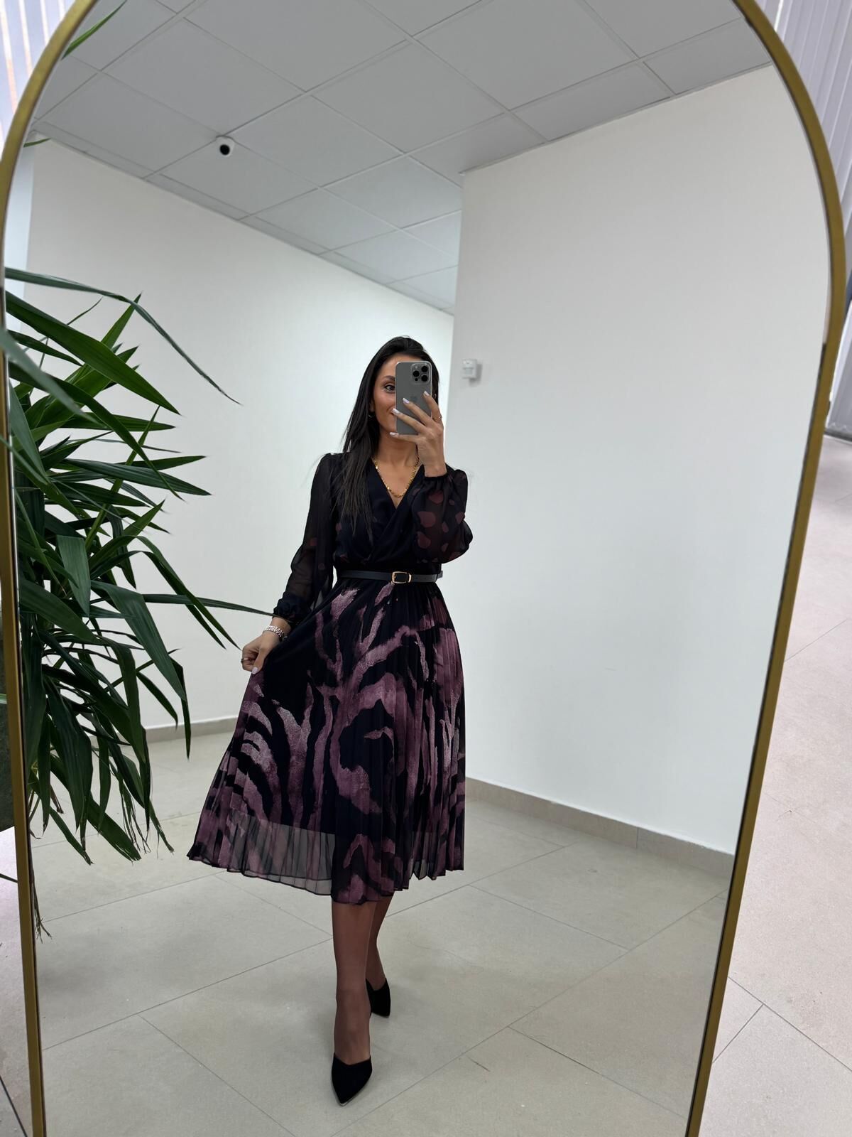 Mc 5090 Siyah Mor Plisoley Kruvaze Elbise