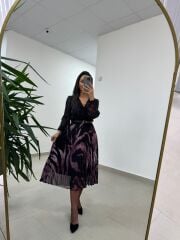 Mc 5090 Siyah Mor Plisoley Kruvaze Elbise