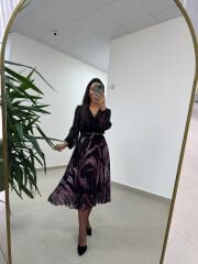 Mc 5090 Siyah Mor Plisoley Kruvaze Elbise