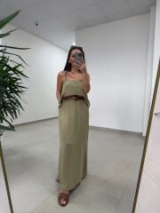 Fp 51165 Haki Askılı Bluzlu Etek Takım