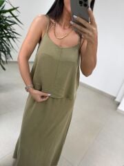 Fp 51165 Haki Askılı Bluzlu Etek Takım