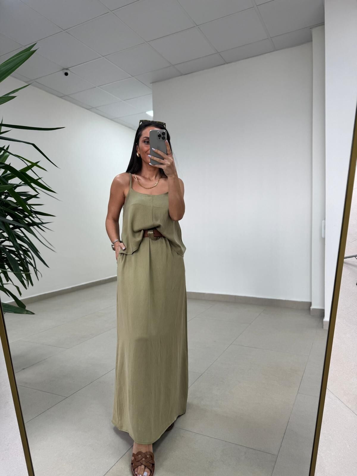 Fp 51165 Haki Askılı Bluzlu Etek Takım