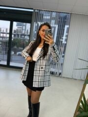 Foo Beyaz Siyah Kareli Blazer Ceket