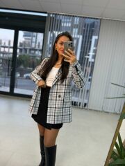 Foo Beyaz Siyah Kareli Blazer Ceket