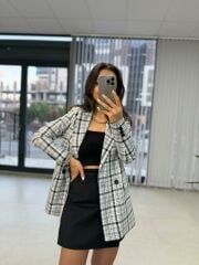 Foo Beyaz Siyah Kareli Blazer Ceket