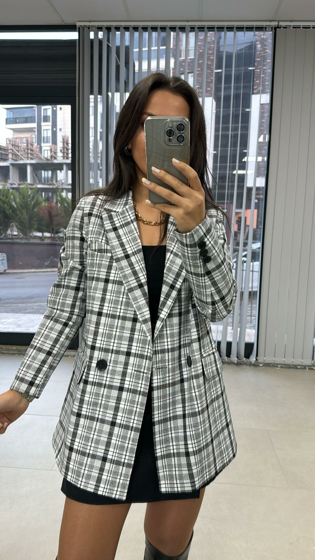 Foo Beyaz Siyah Kareli Blazer Ceket