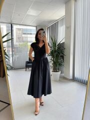 Bb 29957 Siyah Fisto Detaylı V Yaka Elbise