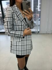 Foo Beyaz Siyah Kareli Blazer Ceket