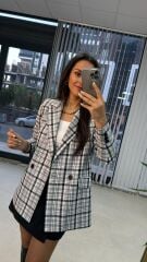 Foo Beyaz Siyah Kareli Blazer Ceket