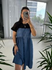 Dr 2659 Tasarım Siyah Kısa Kol Düğmeli Denim Elbise