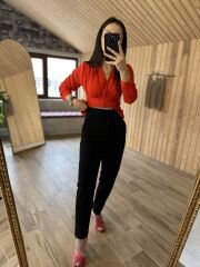 Oranj düğmeli crep bluz