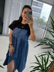 Dr 2659 Tasarım Siyah Kısa Kol Düğmeli Denim Elbise