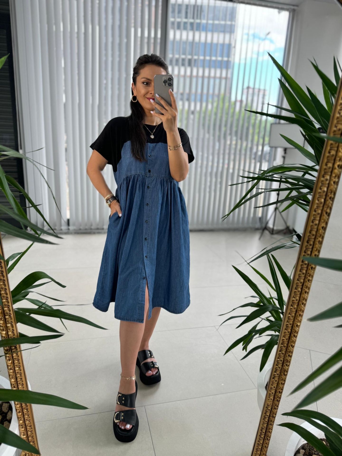 Dr 2659 Tasarım Siyah Kısa Kol Düğmeli Denim Elbise