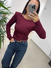 Bb 30568 Sırt Dekolteli Vatkalı Bordo Triko Bluz