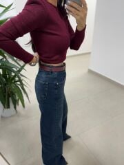 Bb 30568 Sırt Dekolteli Vatkalı Bordo Triko Bluz