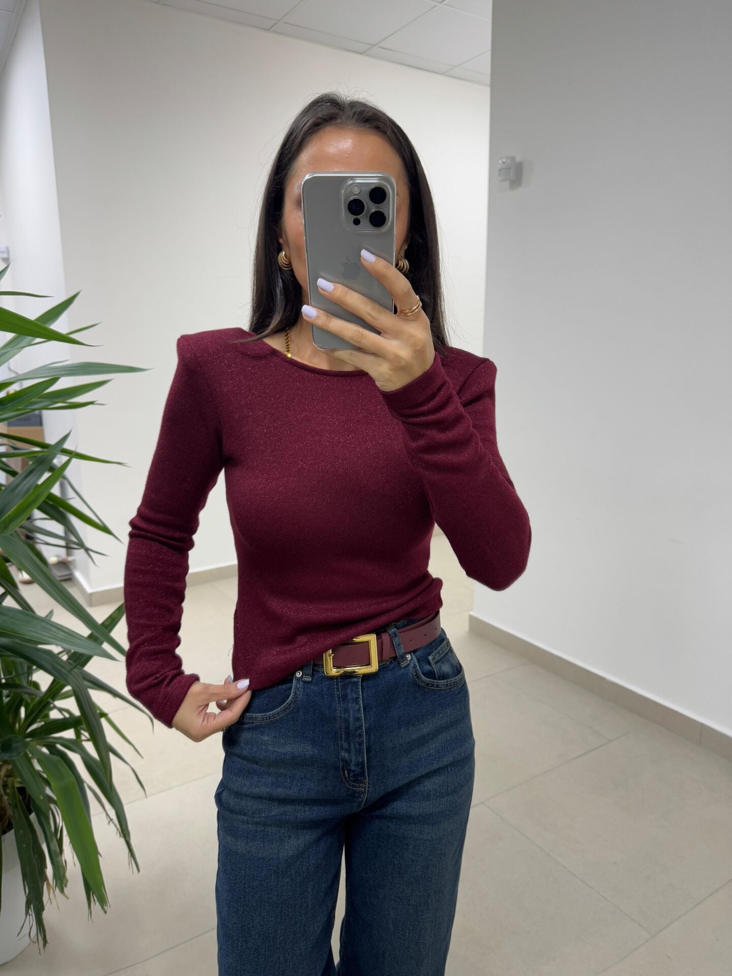 Bb 30568 Sırt Dekolteli Vatkalı Bordo Triko Bluz