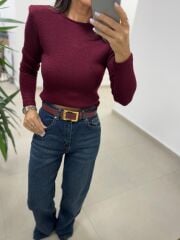 Bb 30568 Sırt Dekolteli Vatkalı Bordo Triko Bluz