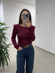 Bb 30568 Sırt Dekolteli Vatkalı Bordo Triko Bluz