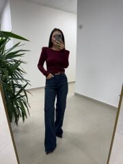 Bb 30568 Sırt Dekolteli Vatkalı Bordo Triko Bluz