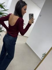 Bb 30568 Sırt Dekolteli Vatkalı Bordo Triko Bluz
