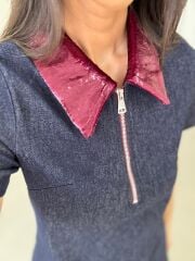 Ms 45 Metalik Bordo Yaka Detaylı Fermuarlı Denim Elbise