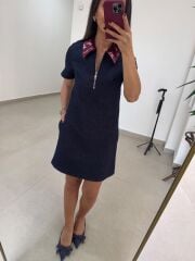 Ms 45 Metalik Bordo Yaka Detaylı Fermuarlı Denim Elbise