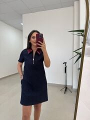 Ms 45 Metalik Bordo Yaka Detaylı Fermuarlı Denim Elbise