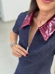 Ms 45 Metalik Bordo Yaka Detaylı Fermuarlı Denim Elbise