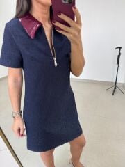 Ms 45 Metalik Bordo Yaka Detaylı Fermuarlı Denim Elbise