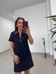 Ms 45 Metalik Bordo Yaka Detaylı Fermuarlı Denim Elbise