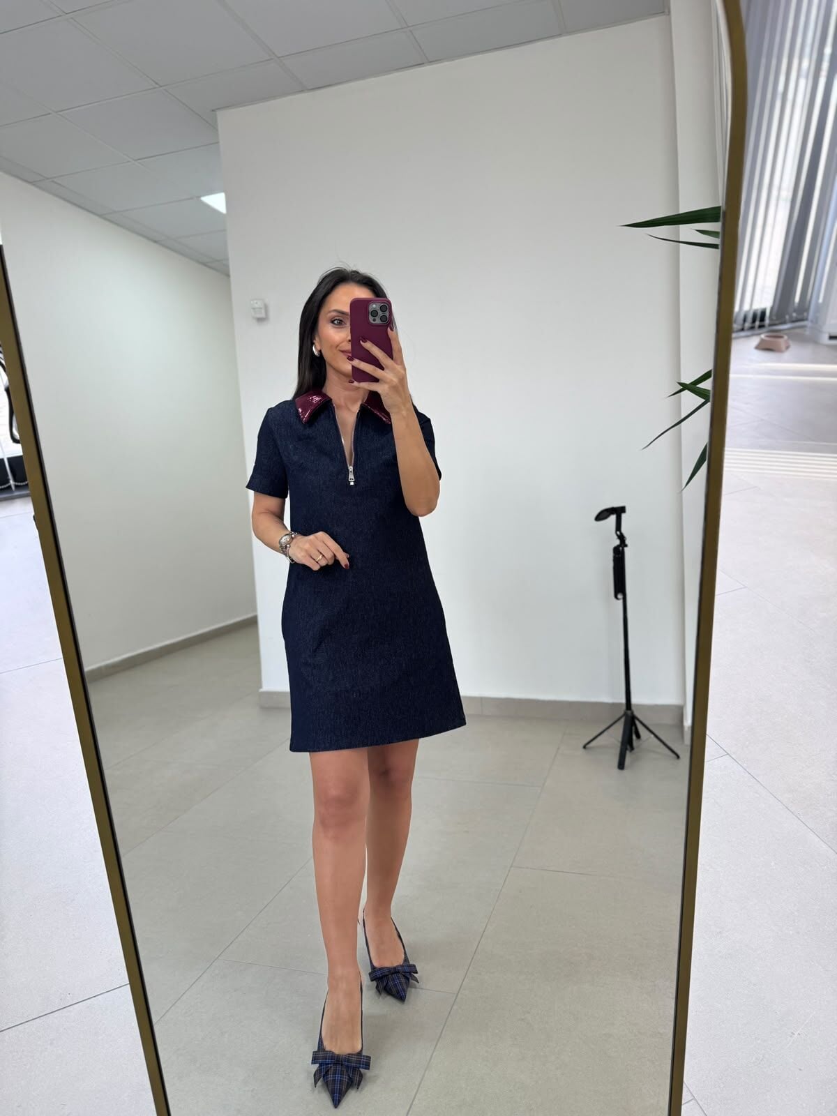 Ms 45 Metalik Bordo Yaka Detaylı Fermuarlı Denim Elbise