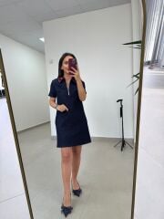 Ms 45 Metalik Bordo Yaka Detaylı Fermuarlı Denim Elbise