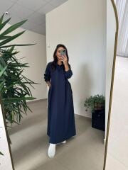 Dr 8513 Tasarım Yanlardan Büzgülü İndigo Elbise