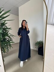 Dr 8513 Tasarım Yanlardan Büzgülü İndigo Elbise