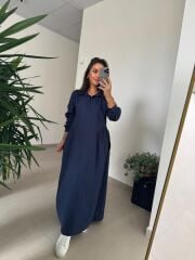 Dr 8513 Tasarım Yanlardan Büzgülü İndigo Elbise