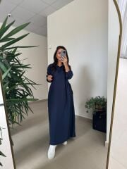 Dr 8513 Tasarım Yanlardan Büzgülü İndigo Elbise